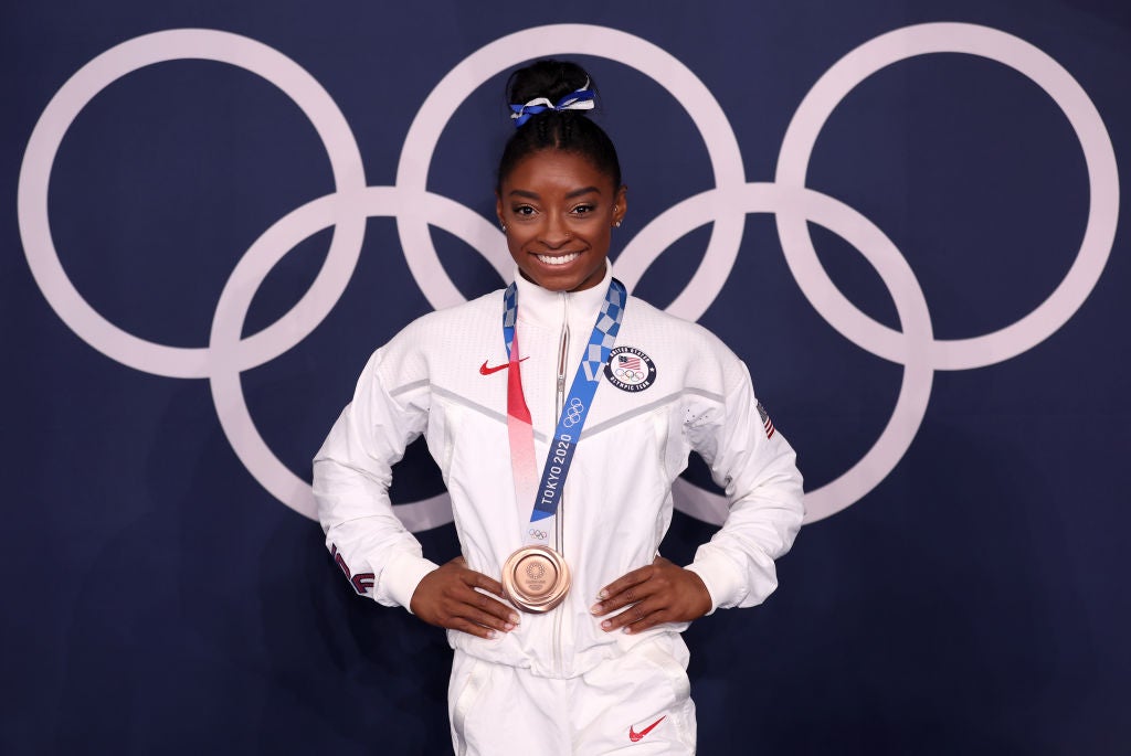 Gymnastics Simone Biles with medal in front of Summer Olympics Olympics: Day 11