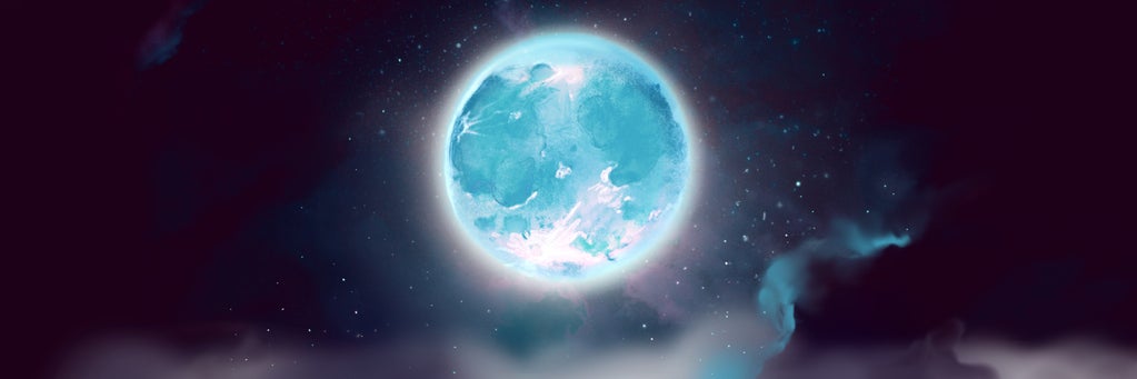 Wide size landscape illustration of a light blue eerie full moon shining brightly in the night sky.