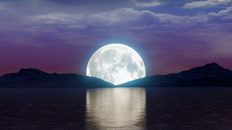 full moon over lake with mountains night scene moonlight scenic landscape purple sky 3D illustration