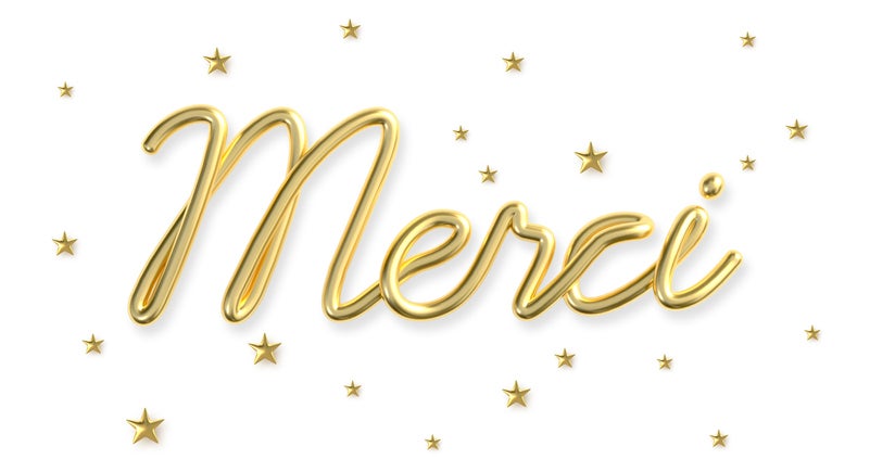 Merci word made from realistic gold with star background. Thank you in French. 3d illustration.