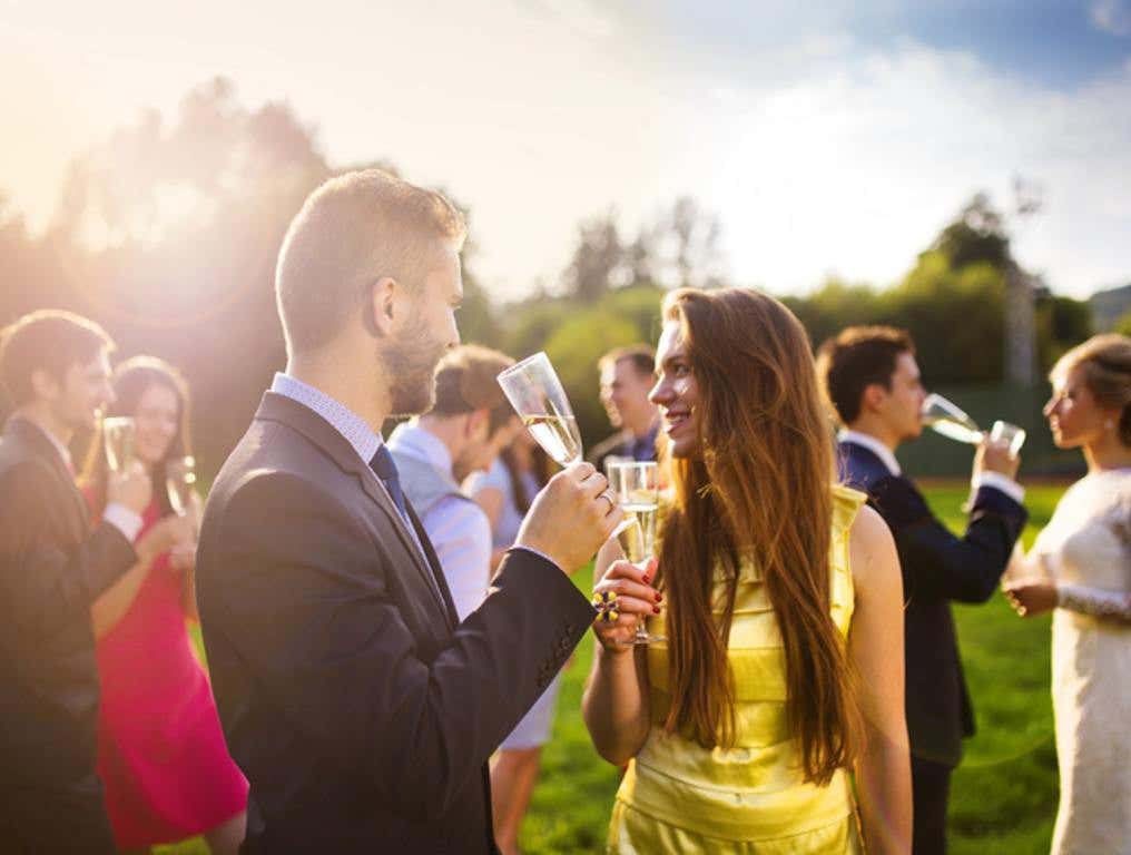 Wedding guests clinking glasses while the newlyweds drinking champagne in the background (Late-Night Snacks: Bring Big Flavor To Your Wedding Celebration)