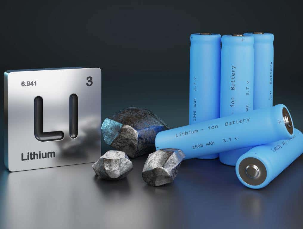 rendering of lithium periodic table of elements on metal, next to raw lithium, next to lithium ion batteries on a dark background