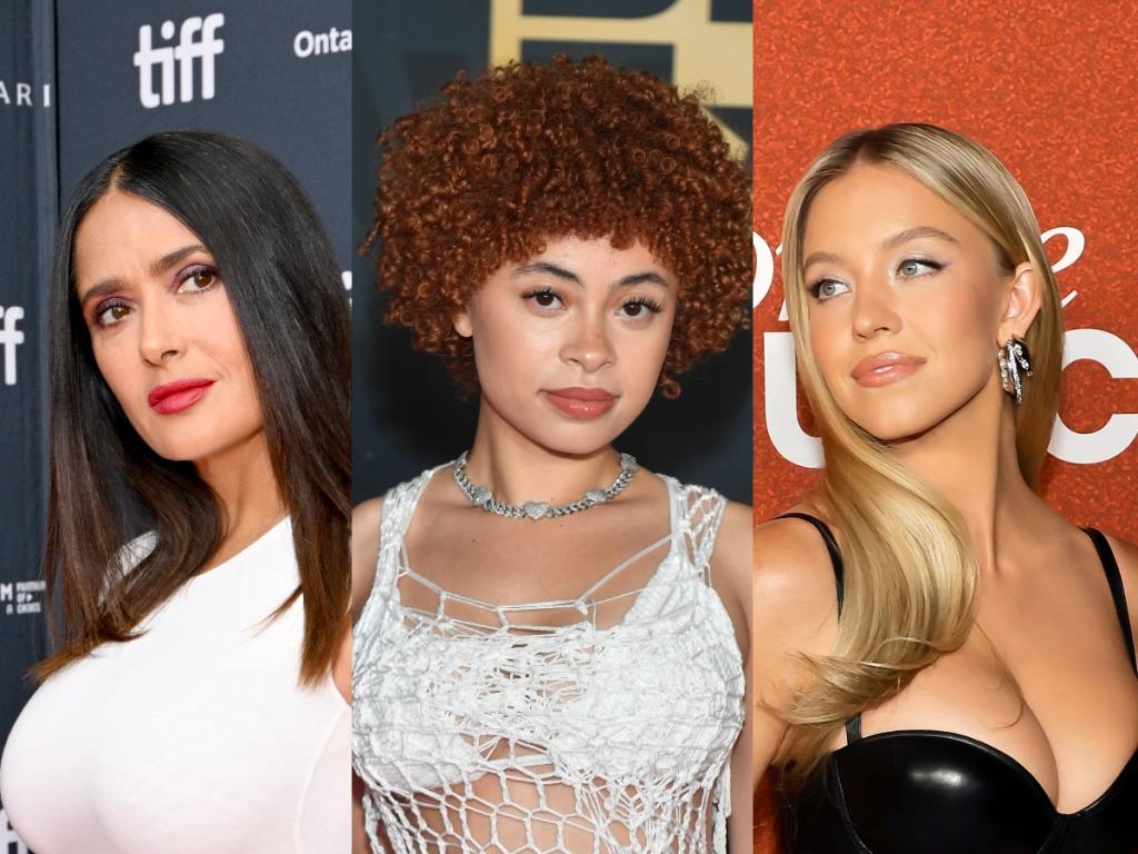 Salma Hayek attends the "El Sabor de la Navidad" premiere smiling looking right wearing a white dress, Ice Spice attends the BET Hip Hop Awards 2022 wearing a white net dress, Sydney Sweeney attends Variety Power of Young Hollywood smiling looking left wearing a black latex dress.