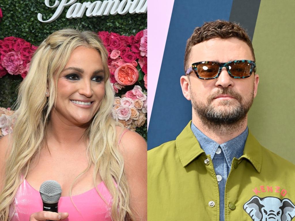 Jamie Lynn Spears attends the "Zoey 102" Cocktail Party smiling looking right wearing a pink dress, Justin Timberlake attends the Kenzo Menswear Spring Summer 2023 show wearing sunglasses, a blue button down with a green jacket over top.