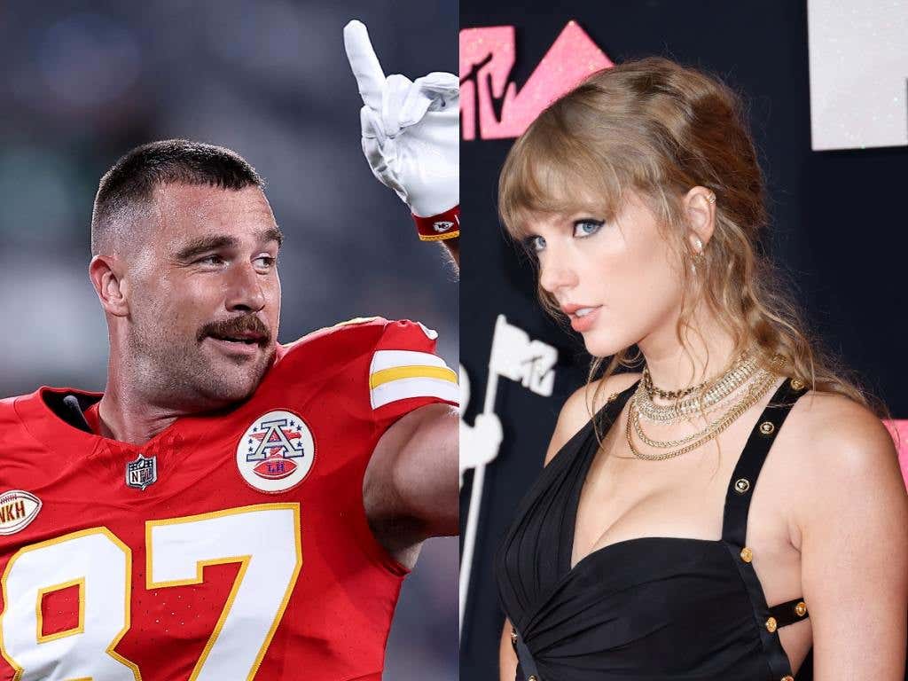 Travis Kelce #87 of the Kansas City Chiefs looks to the right smiling with his left hand raised and finger pointed up, aylor Swift attends the 2023 MTV Video Music Awards posing to the left with a cat eye and messy updo.