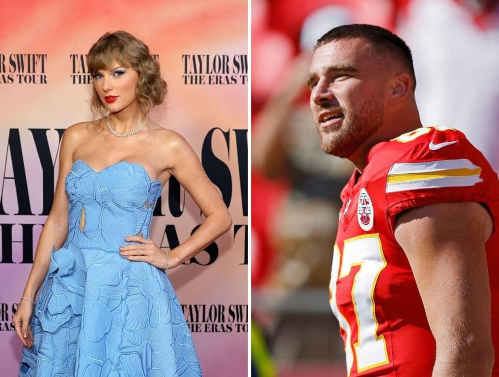 Taylor Swift in a blue dress and Travis Kelce on the field but without his helmet.