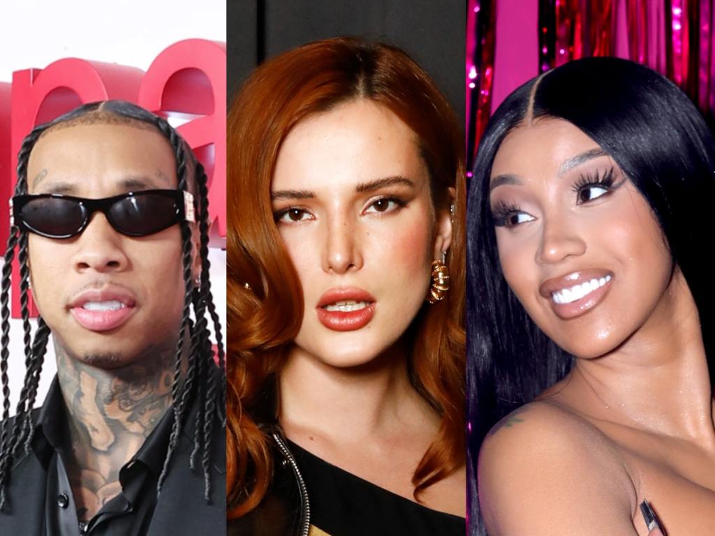 Tyga attends as Selena Gomez hosts the Inaugural Rare Impact Fund Benefit Supporting Youth Mental Health wearing black sunglasses and a black button up shirt, Bella Thorne attends the amfAR Paris Fashion Week Cocktail Party wearing a black dress, Cardi B attends the 2023 MTV Video Music Awards at Prudential Center smiling looking left wearing a strapless dress.