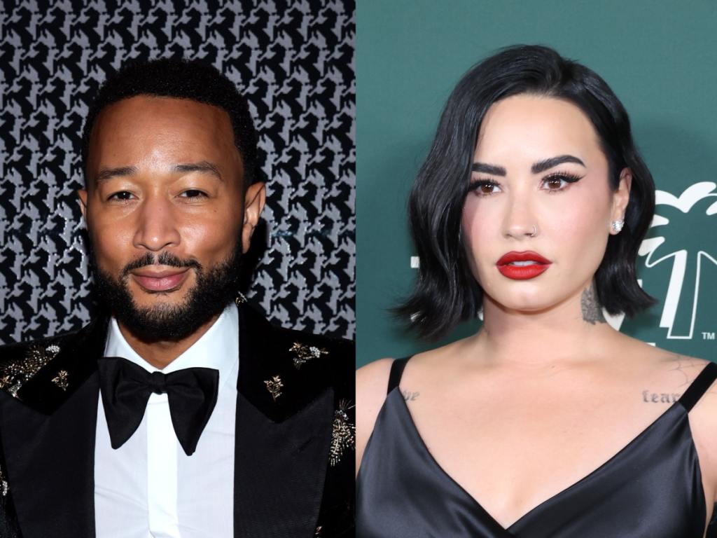 John Legend attends The Ferrari Gala wearing a suit and bow tie. Demi Lovato attends the 2023 Baby2Baby Gala wearing a black gown and red liptstick.