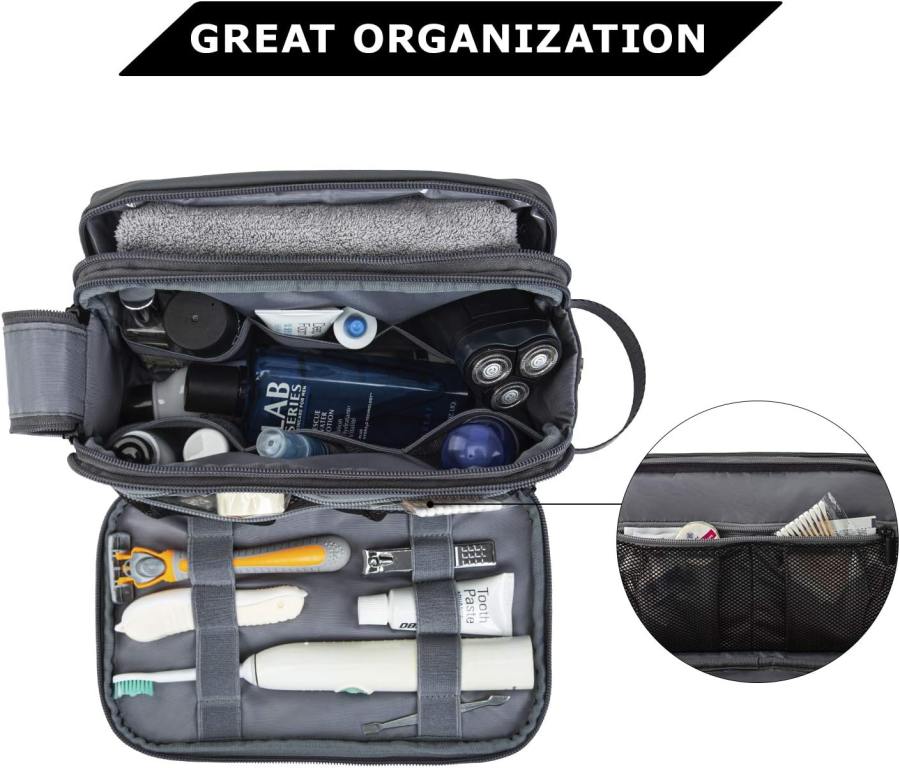 gray toiletry bag for men with lots of compartments