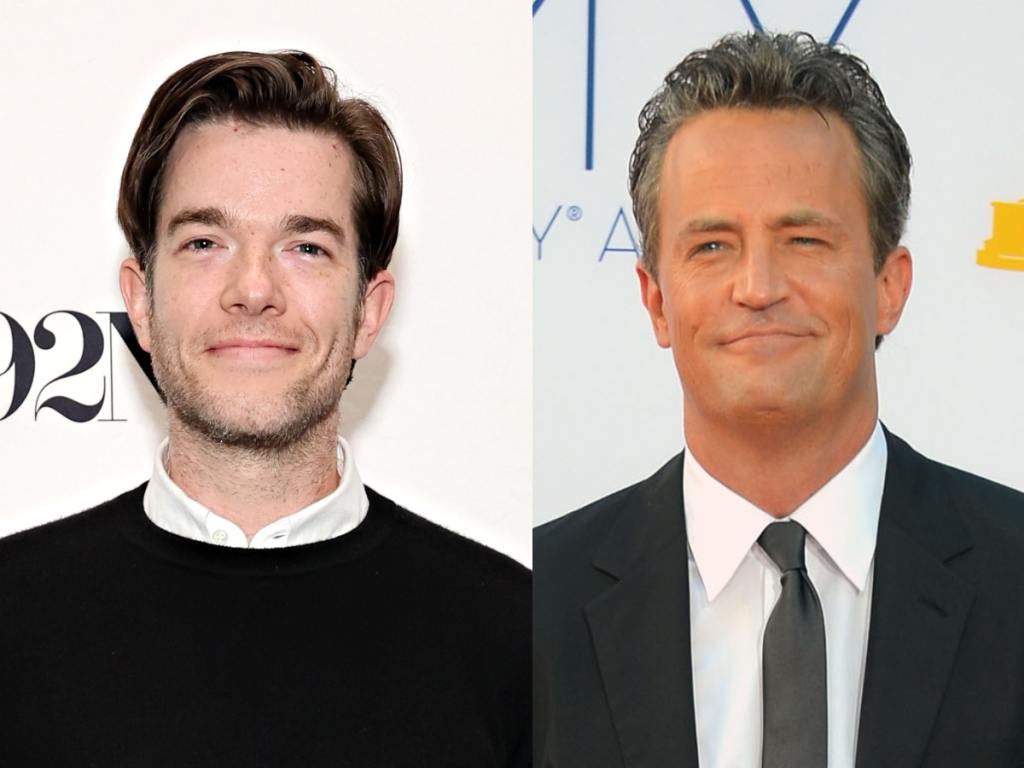 John Mulaney attends 'John Mulaney in Conversation with Fred Armisen' at 92NY smiling wearing a sweater under a white collared shirt, Matthew Perry arrives at the 64th Annual Primetime Emmy Awards smiling wearing a suit and tie looking to the left.