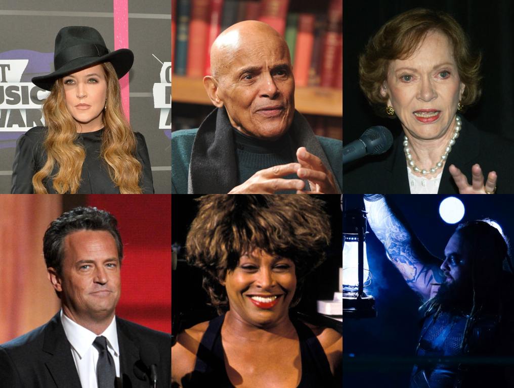 A collage of photos of celebrities who died in 2023: Lisa Marie Presley, Harry Belafonte, First Lady Rosalynn Carter, Matthew Perry, Tina Turner and Bray Wyatt.