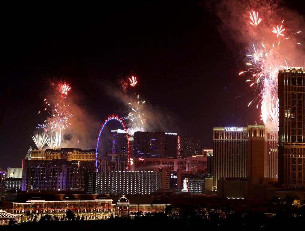 Fireworks over the Las Vegas Strip on NYE.