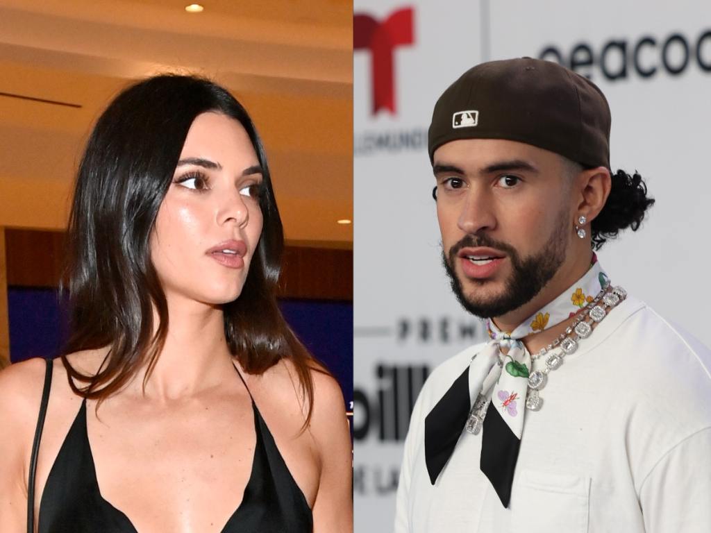 Kendall Jenner attends the Fontainebleau Las Vegas Star-Studded Grand Opening Celebration looking right wearing a black dress, Bad Bunny attends the 2023 Billboard Latin Music Awards looking left wearing a brown backwards cap, white shirt and patterned ascot.