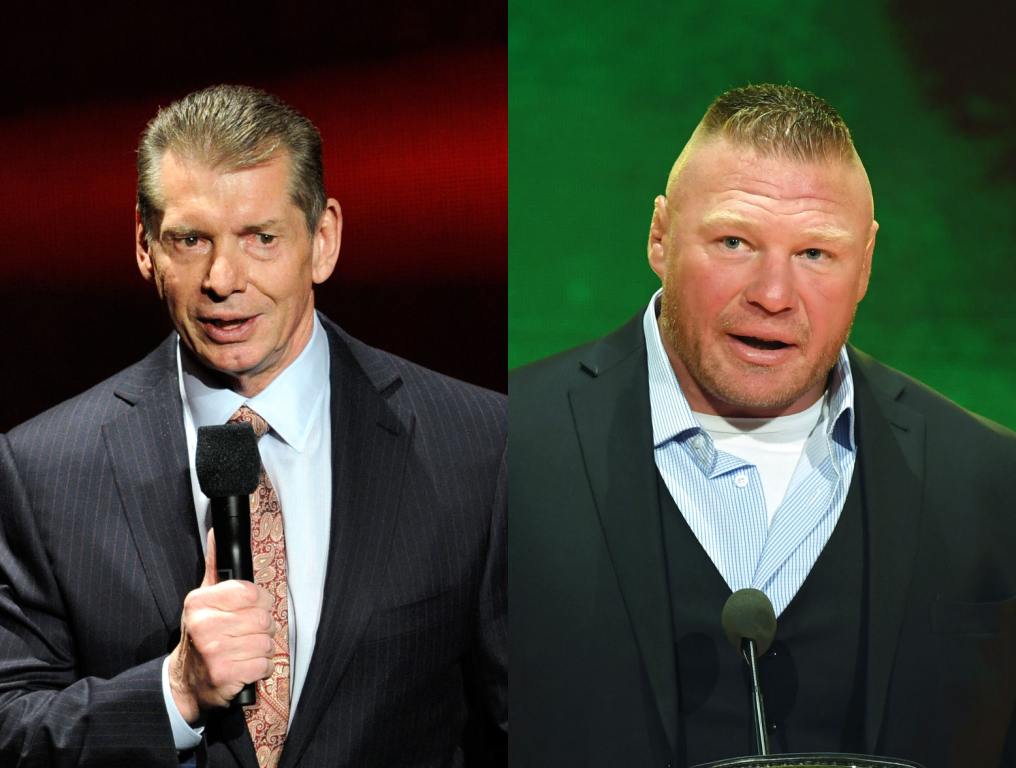 Vince McMahon speaking at a press conference; Brock Lesnar speaking at a press conference.