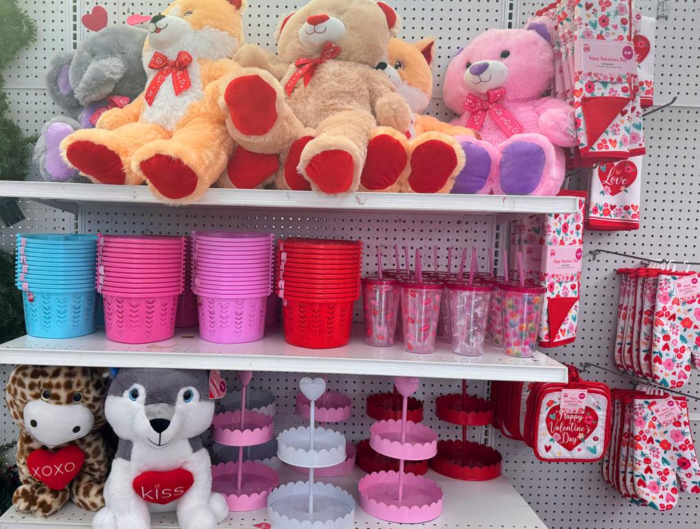 99 Cents Only Stores Valentine's Day store shelves filled with stuffed animals, plastic buckets, cups, and trays.