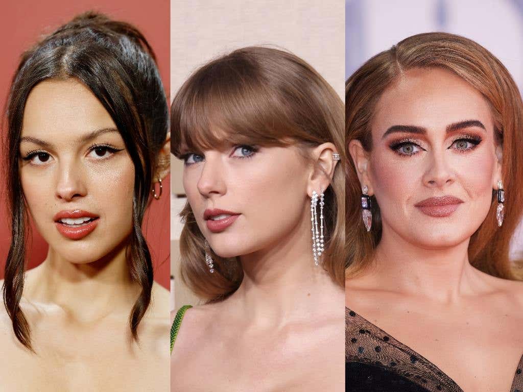 Olivia Rodrigo attends 2023 GQ Men of the Year wearing an updo, Taylor Swift attends the 81st Annual Golden Globe Awards turned left looking center wearing a green dress, Adele attends The BRIT Awards 2022 wearing a black gown.