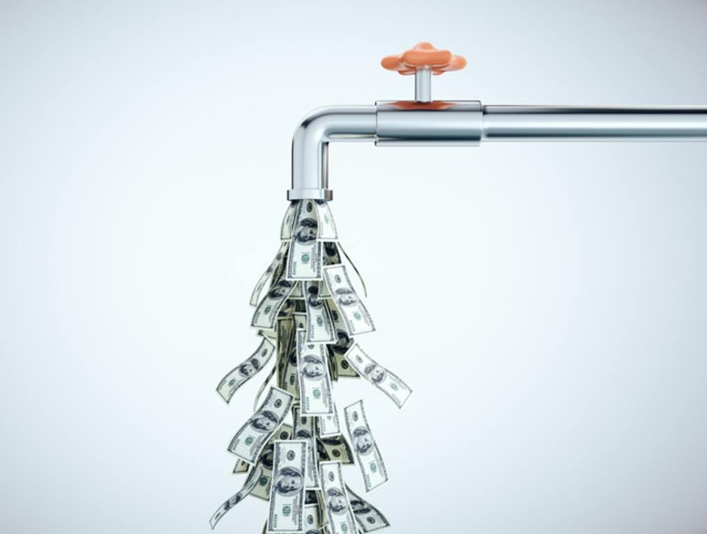 SNWA salaries (Southern Nevada Water Authority) and LVVWD (Las Vegas Valley Water District) salaries are higher than the national average. This is a 3D rendering of a metal water tap on a gray background dripping dollar bills.