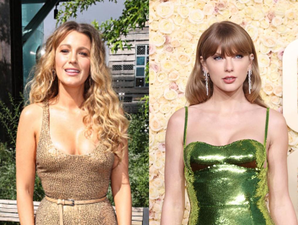 Blake Lively attends the Michael Kors Collection Spring/Summer 2024 Runway Show in gold jumpsuit outside, Taylor Swift attends the 81st Annual Golden Globe Awards in green sequin dress, split image