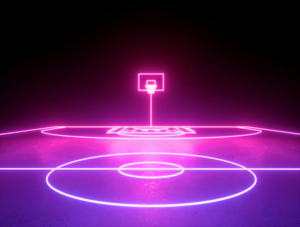 3d render, pink blue glowing neon light, basket on basketball field scheme, virtual sport playground, sportive game. Isolated on black background.