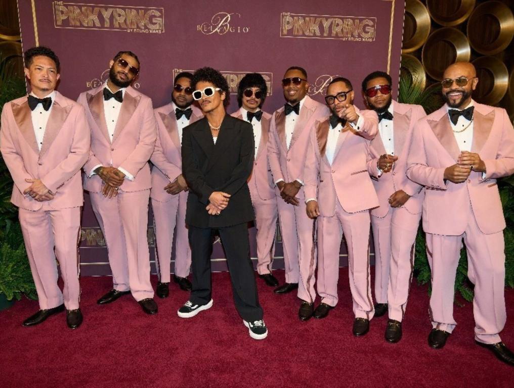 Bruno Mars and The Hooligans arrive at The Pinky Ring at Bellagio Resort & Casino.