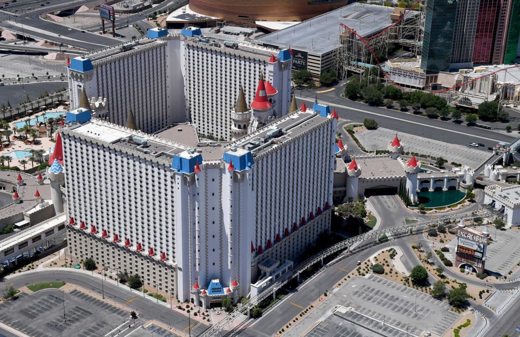 excalibur resort las vegas in daytime aerial view