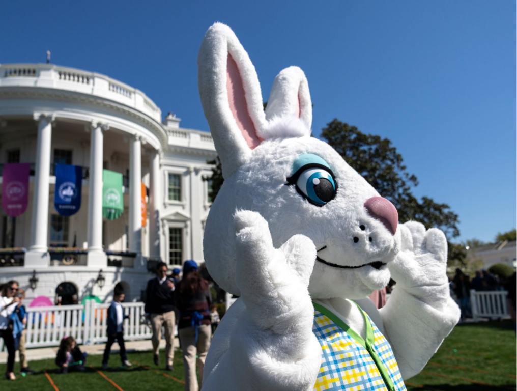 A costumed Easter Bunny attends the annual Easter Egg Roll on the South Lawn of the White House on April 10, 2023 in Washington, DC. The tradition dates back to 1878 when President Rutherford B. Hayes invited children to the White House for Easter and egg rolling on the lawn. This article is about where to get last-minute Easter photos in Las Vegas.