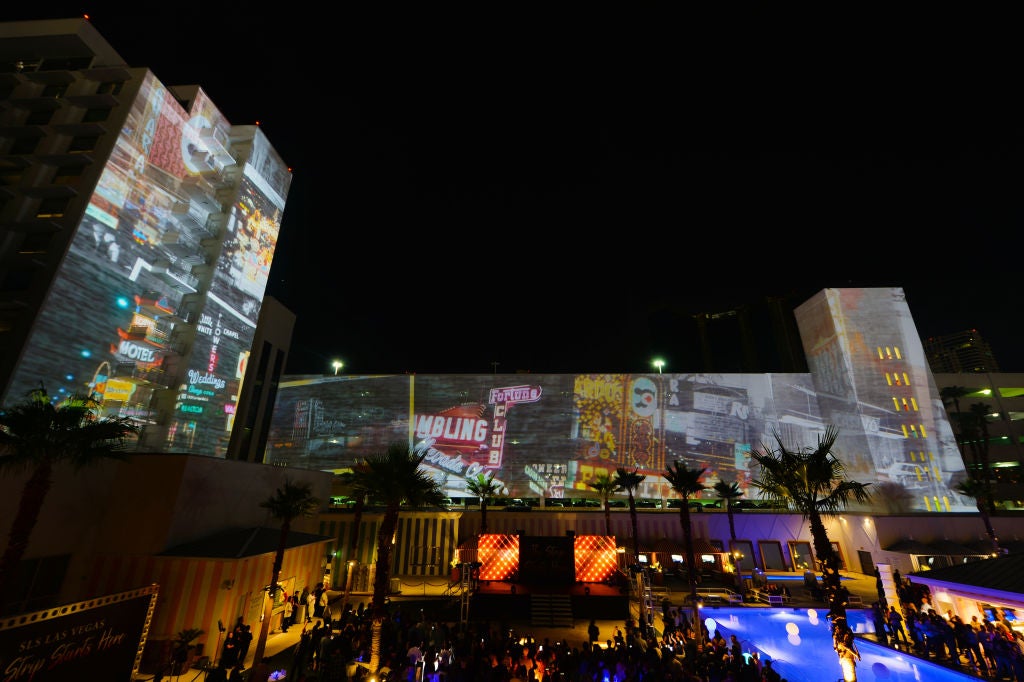 sahara las vegas at night with projection mapping against buildings