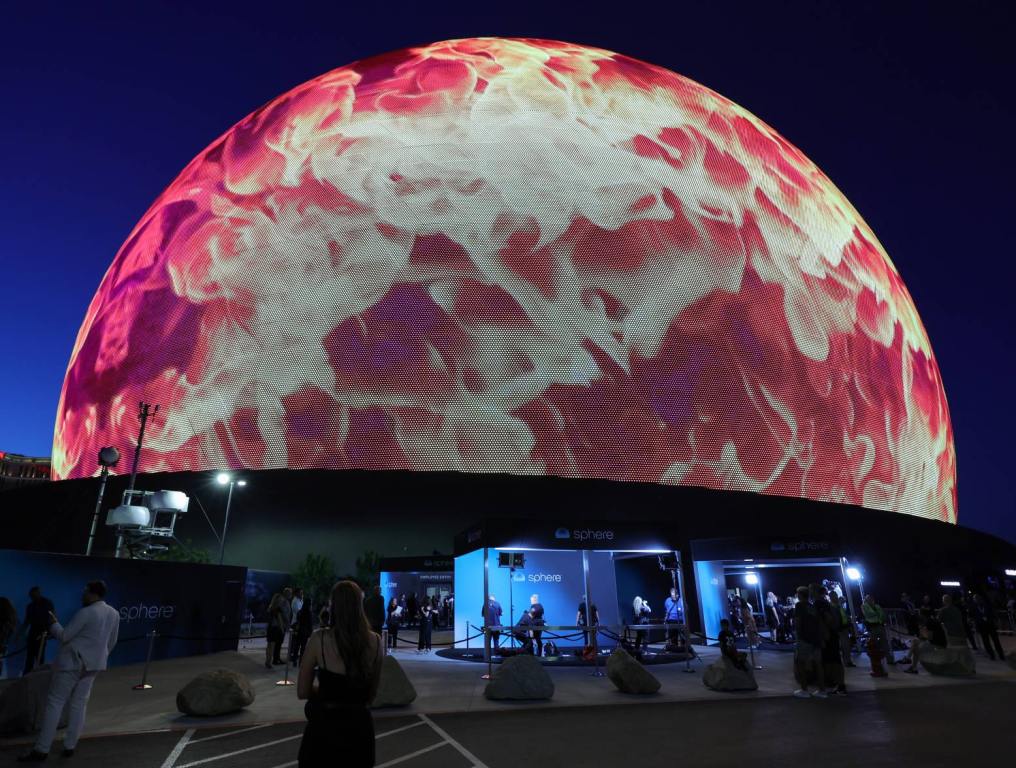 exterior picture of sphere las vegas glowing in red and yellow that will be used in sphere design contest