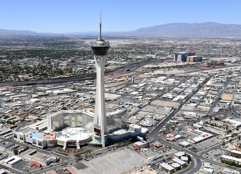 the strat las vegas in daytime aerial view