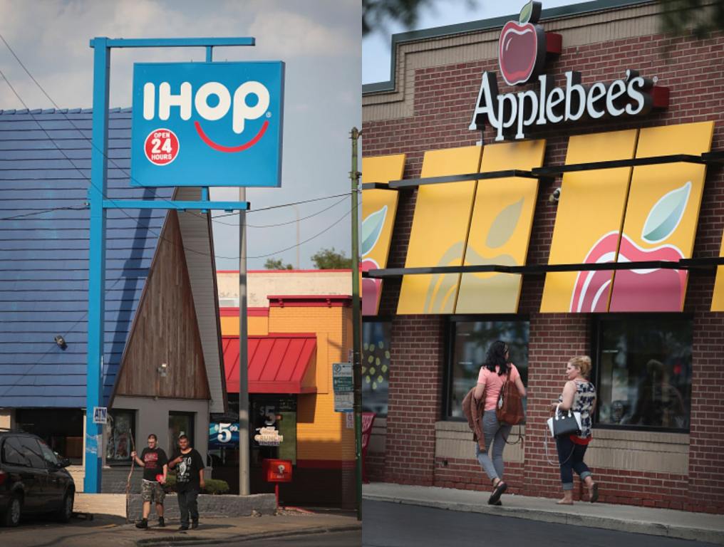 Close up of an An IHOP restaurant outside, close up of an Applebee's restaurant outside