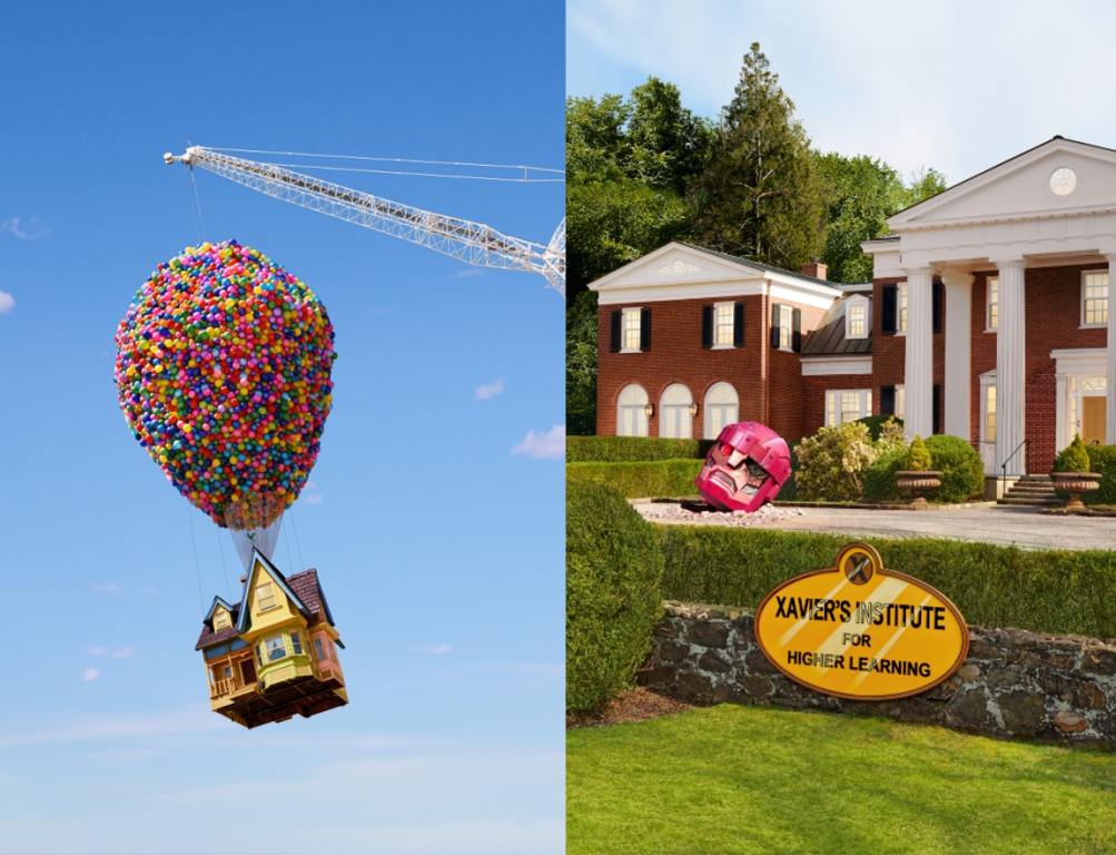 Airbnb Icons Program, (Left) The Up House on a crane, (Right) The X-Men Mansion