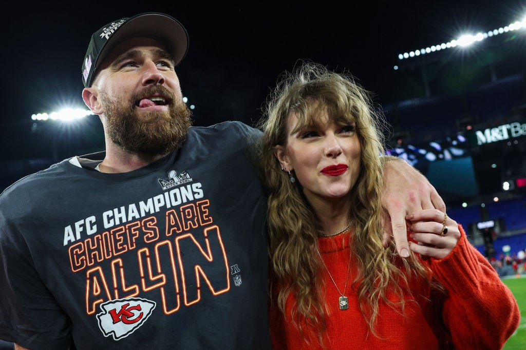 Travis Kelce #87 of the Kansas City Chiefs (L) celebrates with Taylor Swift after defeating the Baltimore Ravens in the AFC Championship Game at M&T Bank Stadium. As it turns out, quite a few wife and girlfriends have more followers than their pro sports men.