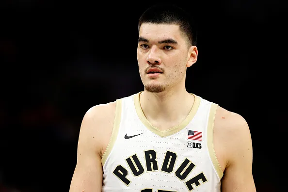 Zach Edey #15 of the Purdue Boilermakers looks on against the Michigan State Spartans in the first half at Target Center in the Quarterfinals of the Big Ten Tournament.