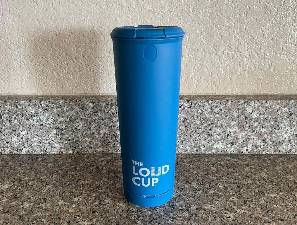 Blue 20oz tumbler with the words "the loud cup" on it. Sports Moms need this cup