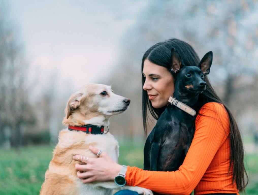 Brunette woman with her two dogs, with a gesture of tenderness. Concept, love for dog and pet