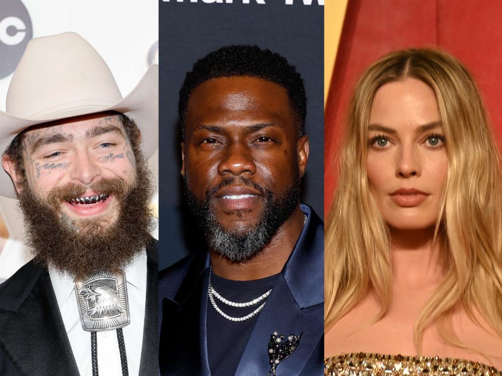 Post Malone attends the 57th Annual CMA Awards smiling wearing a white cowboy hat looking right, Kevin Hart attends the 25th Annual Mark Twain Prize For American Humor wearing a dark grey suit with two chains, Margot Robbie attends the 2024 Vanity Fair Oscar Party wearing a gold strapless dress, These Celebrities Have A July Birthday.