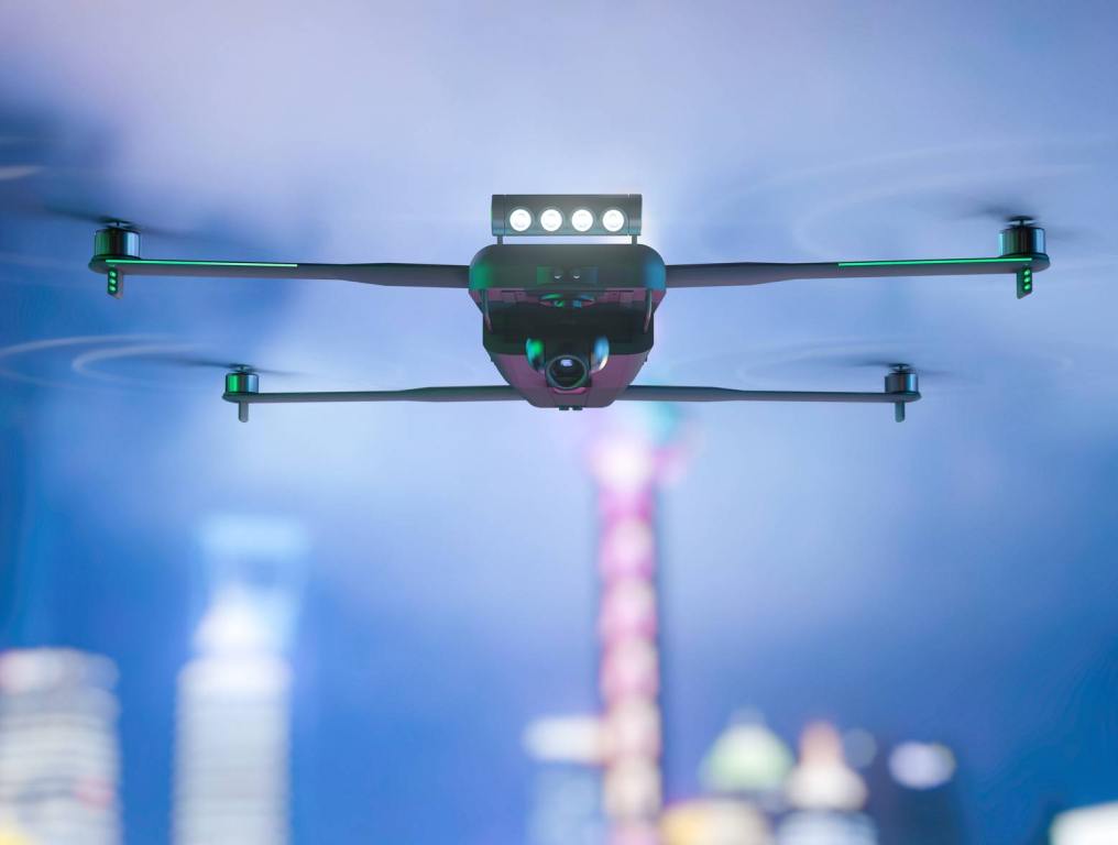 drone in foreground cityscape in background downtown las vegas drone