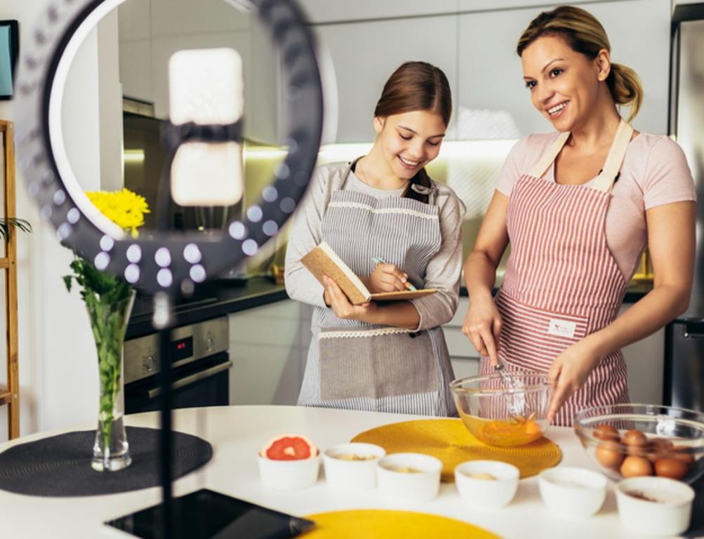 Video Blog About Healthy Food. Mother and Daughter Cooking Together on the Camera, influencer family