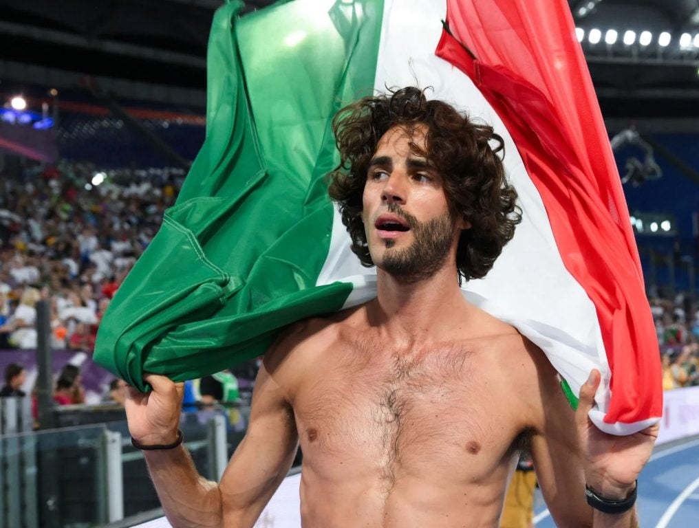 Gold medallist, Gianmarco Tamberi of Team Italy, celebrates after winning in the Men's High Jump Final on day five of the 26th European Athletics Championships - Rome 2024 at Stadio Olimpico on June 11, 2024 in Rome, Italy.