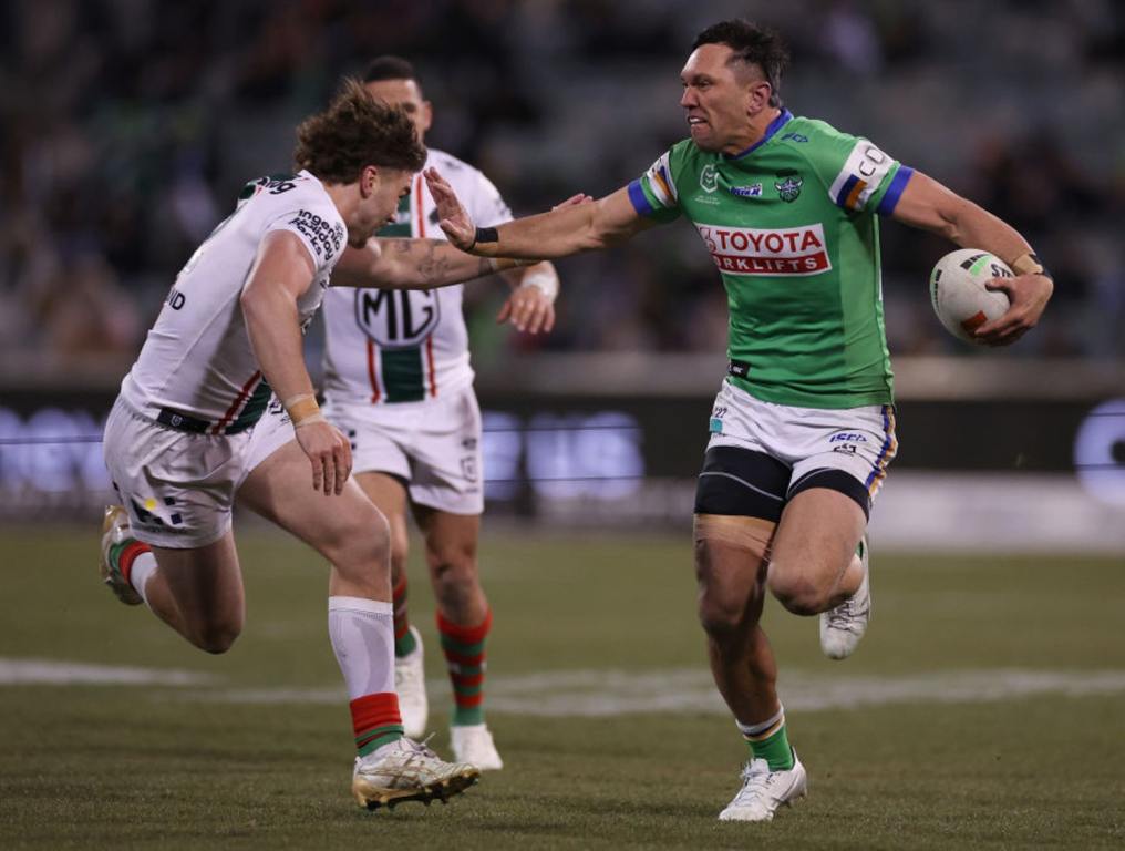 Rugby League action returns to Las Vegas and Allegiant Stadium in March 2025. Photo shows Jordan Rapana of the Raiders fends off Tallis Duncan of the Rabbitohs during the round 21 NRL match between Canberra Raiders and South Sydney Rabbitohs at GIO Stadium, on July 28, 2024, in Canberra, Australia.