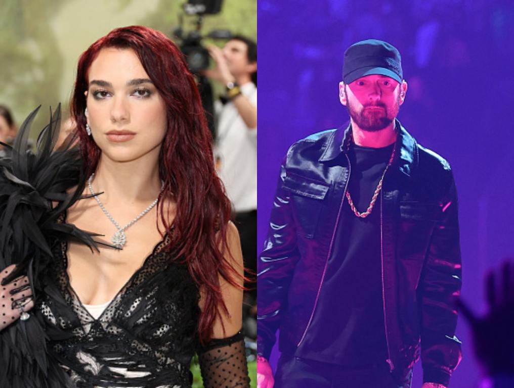 (Left) Dua Lipa attends The 2024 Met Gala Celebrating "Sleeping Beauties: Reawakening Fashion" (Right) Eminem performs onstage at the 2022 MTV VMAs at Prudential Center