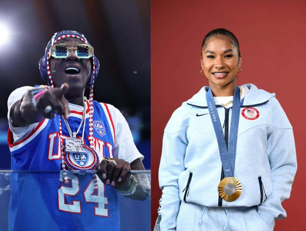 (Left) Flavor Flav, shows his support during the Women's Preliminary Round Group B match between Team Italy and Team United States on day five of the Olympic Games Paris 2024 (Right) Olympian Jordan Chiles of Team United States poses on the Today Show Set on August 02, 2024 in Paris