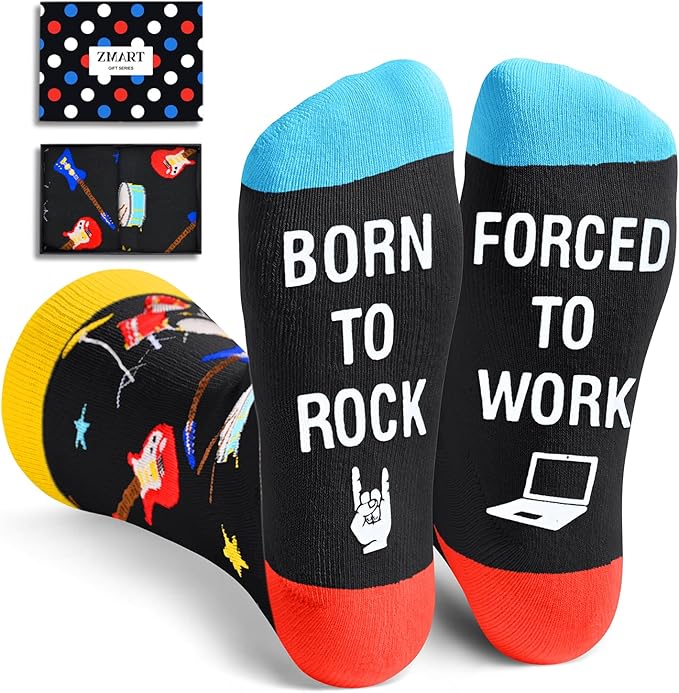 Music lovers gift idea: Colorful socks with words printed at the sole "Born to Rock Forced to Work"