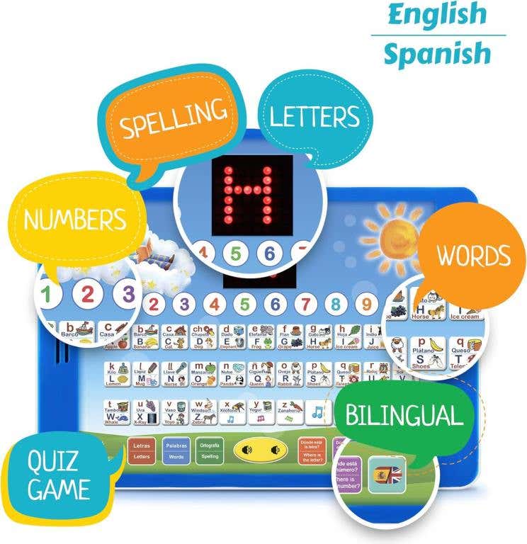 Learn a new language with a tablet educational toy. English and Spanish bilingual toy