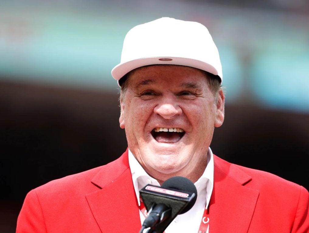 Former Cincinnati Reds great Pete Rose reacts during a statue dedication ceremony prior to a game against the Los Angeles Dodgers at Great American Ball Park on June 17, 2017 in Cincinnati, Ohio. The Dodgers defeated the Reds 10-2.