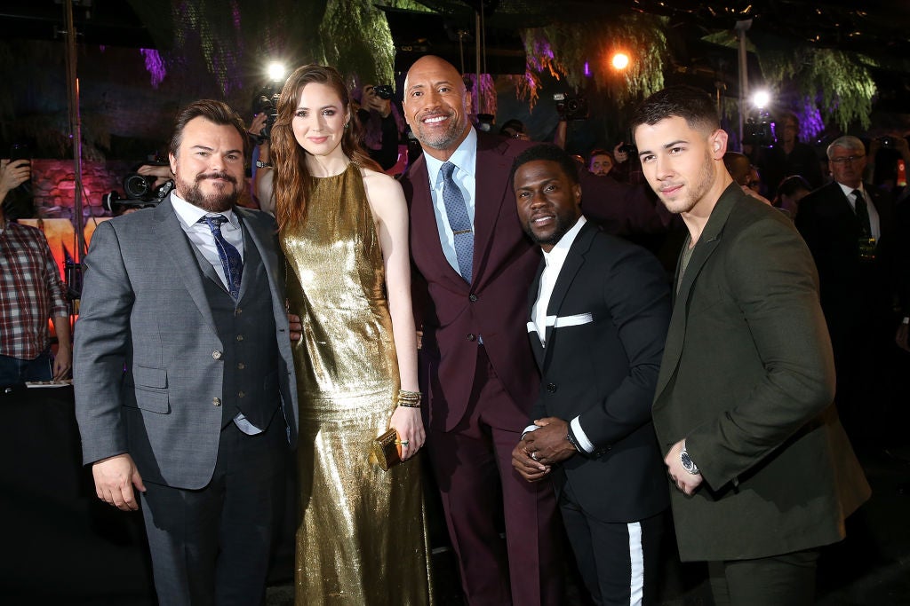 Jack Black, Karen Gillan, Dwayne Johnson, Kevin Hart, and Nick Jonas attend the premiere of Columbia Pictures' "Jumanji: Welcome To The Jungle" on December 11, 2017 in Hollywood, California.