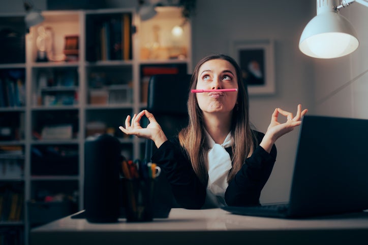 Carefree zen employee finding balance talking a break from work