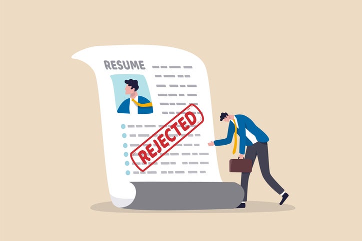 Job application rejected, disqualified or resume declined, HR human resource or hiring manager refuse, interview failure concept, sad businessman stand with his rejected resume application document.