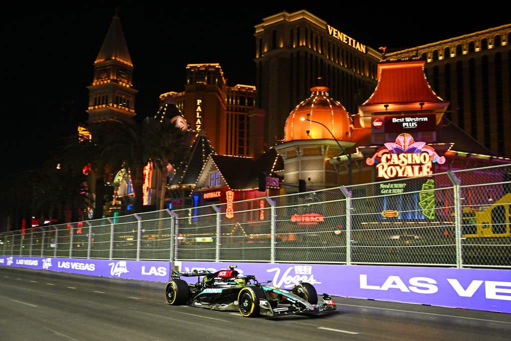 Lewis Hamilton of Great Britain driving the (44) Mercedes AMG Petronas F1 Team W15 on track during practice ahead of the F1 Grand Prix of Las Vegas at Las Vegas Strip Circuit on November 21, 2024 in Las Vegas, Nevada.