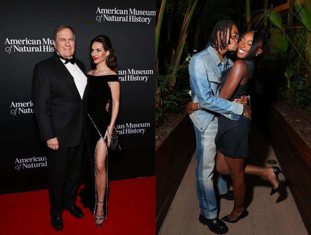 (Left) Bill Bellichick and Jordon Hudson attend The American Museum of Natural History's 2024 Museum Gala at American Museum of Natural History on December 05, 2024 in New York City. (Photo by Slaven Vlasic/Getty Images for the American Museum of Natural History) and (Right) Kordell Beckham and Serena Page attend an evening with Kordell & Serena on September 27, 2024 in Los Angeles, California. (Photo by Presley Ann/Getty Images for Bumble)